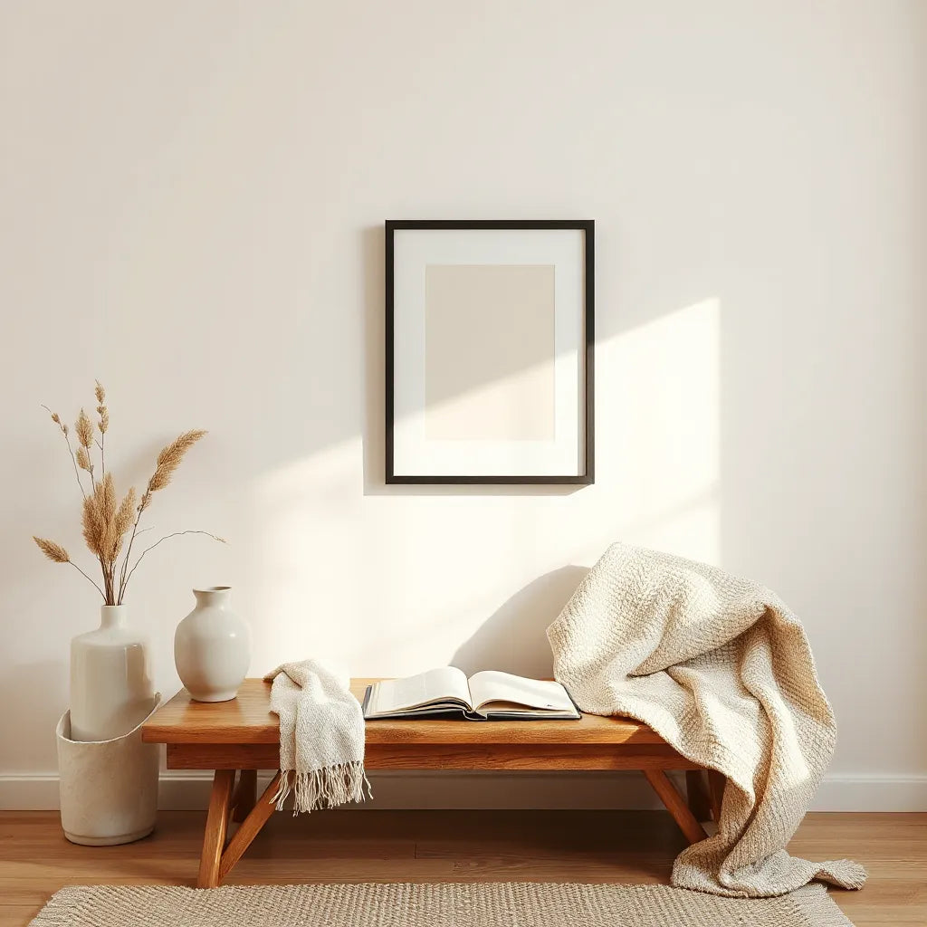 Minimal framed artwork on a wall with warm light and a notebook for quiet reflection