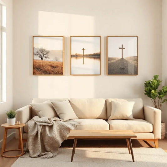 Three serene Christian canvas prints on a light living room wall with soft natural light