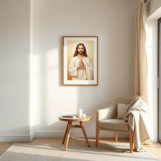 Framed Jesus prayer wall art with warm light and a calm living room backdrop