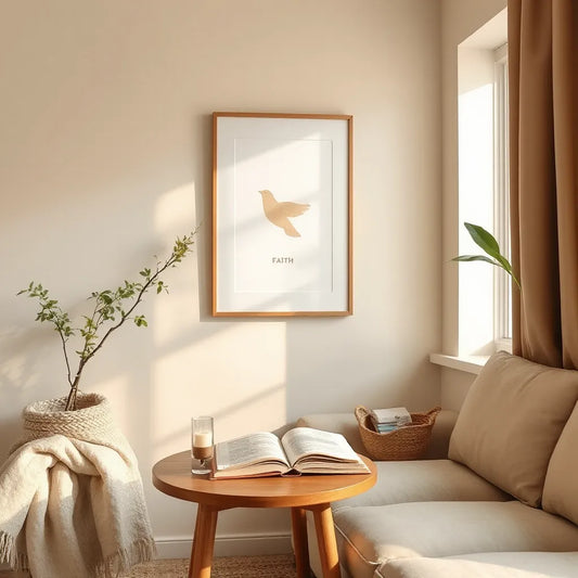 Framed faith-inspired artwork on a warmly lit living room wall with a simple candle and book nearby