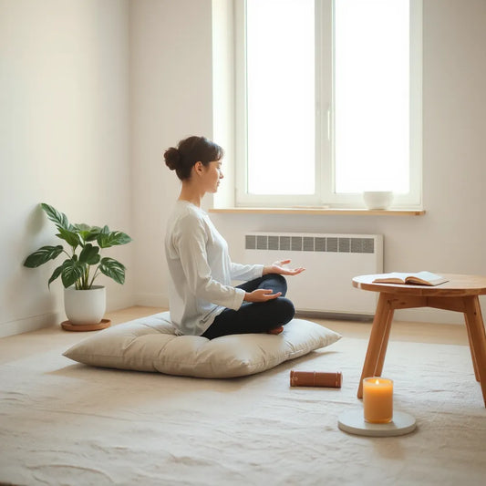 Person meditating in a softly lit, uncluttered room with a candle and closed notebook nearby