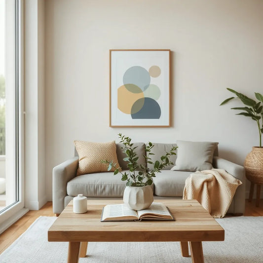 Minimal framed wall art above a small table with eucalyptus and a linen journal in soft natural light