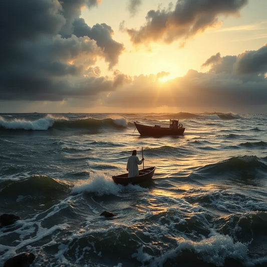 Jesus calming a storm at sea as waves quiet and the sky clears