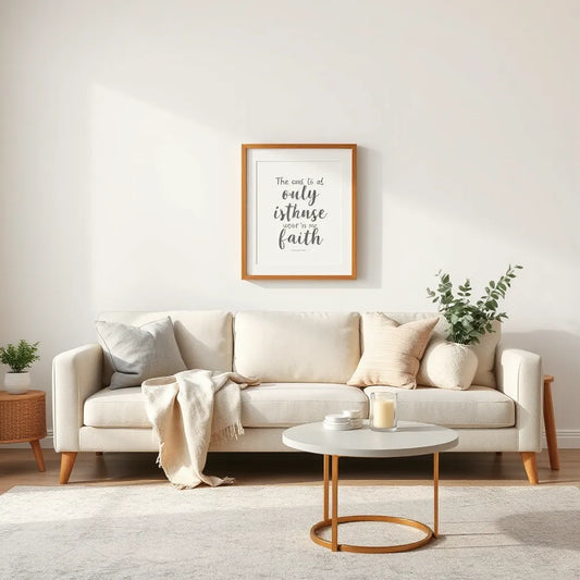 Calm living room styled with faith-inspired decor, neutral textiles, greenery, and a candle on a wooden side table.