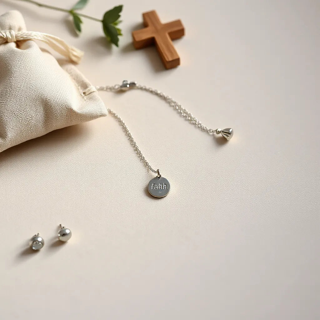 Delicate pendant necklace, charm bracelet, and stud earrings arranged on neutral fabric with soft warm lighting