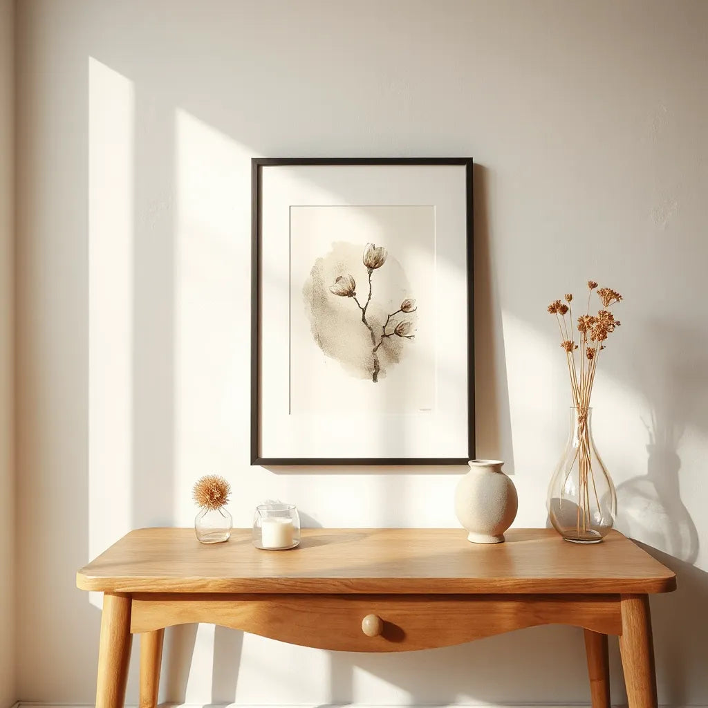 Framed sacred artwork on a wall beside a candle and simple decor in soft natural light