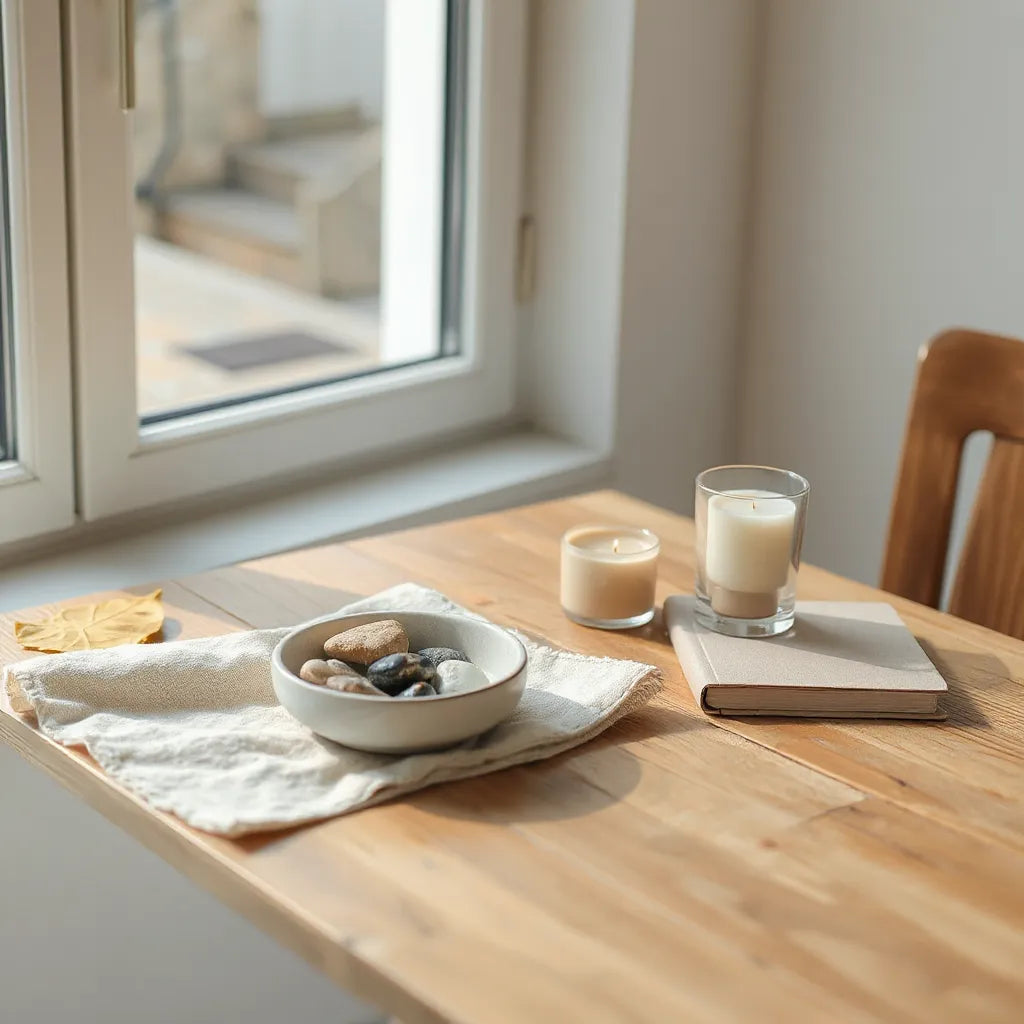 Minimalist table setup with stones, journal, linen cloth, and a candle in soft natural light