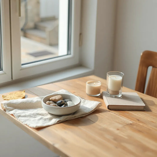Minimalist table setup with stones, journal, linen cloth, and a candle in soft natural light