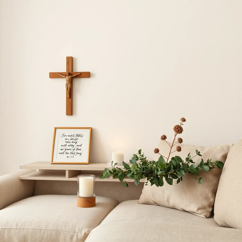 Warm living room with a wall cross, framed scripture art, and a candle on a neutral shelf