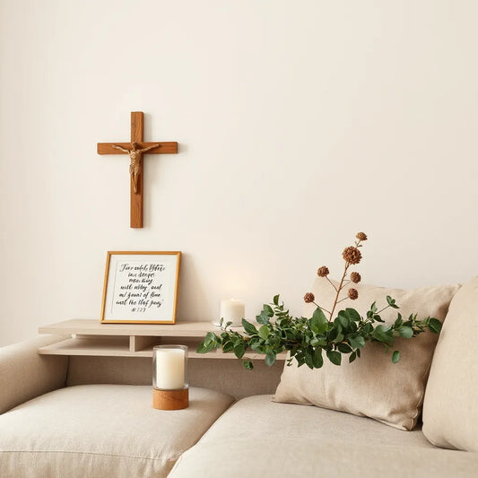 Warm living room with a wall cross, framed scripture art, and a candle on a neutral shelf