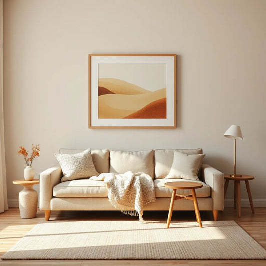 Warm framed wall artwork above a neutral sofa in a softly lit cozy living room