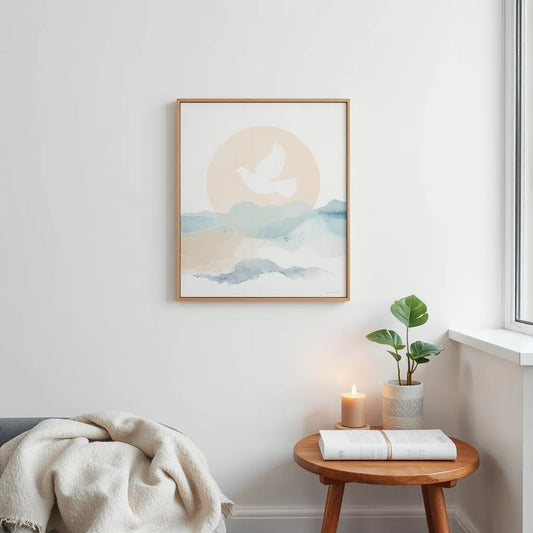 Calming spiritual wall artwork with soft blue and cream tones in a warm, minimal living room