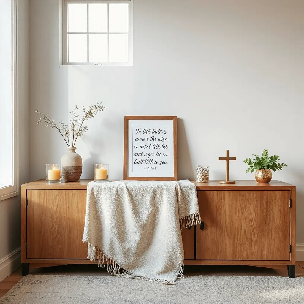 Bright living room styled with warm lighting, framed inspirational art, and subtle faith-inspired decor