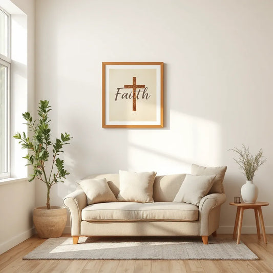 Minimal living room with warm lighting and a framed faith-inspired wall art print on the wall