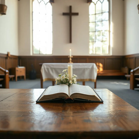 Open Bible on a wooden altar with soft window light in a quiet worship setting