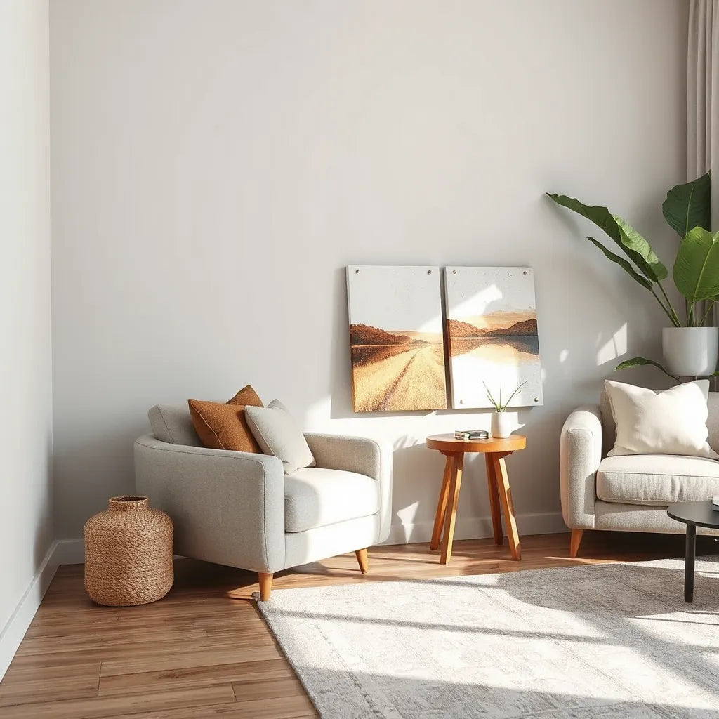 Handcrafted canvas prints with warm neutral artwork displayed in a bright, cozy living room