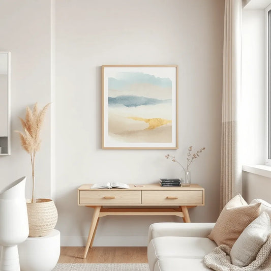 Framed abstract inspirational artwork in a bright, calm living room with natural light