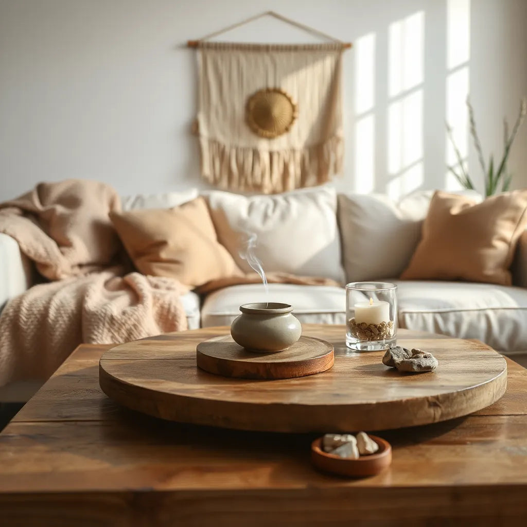 Warm living room styled with candles, minimalist wall art, and soft natural decor for a calm atmosphere