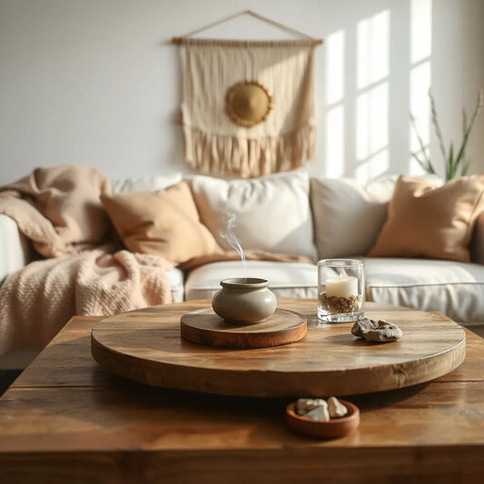 Warm living room styled with candles, minimalist wall art, and soft natural decor for a calm atmosphere
