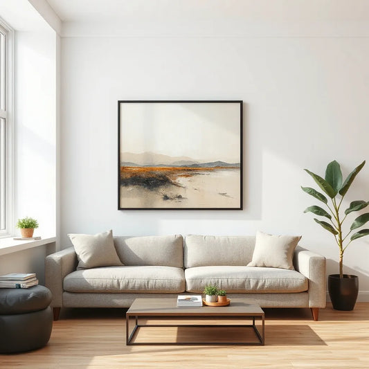 A gallery-quality canvas print on a modern living room wall under soft natural light