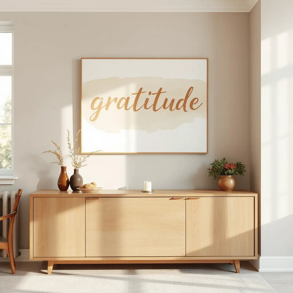 Warm living room wall with a framed canvas in earth tones and subtle gratitude-inspired abstract shapes