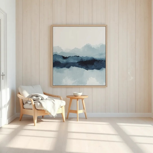 Minimalist calming wall artwork above a quiet chair in a bright, uncluttered room