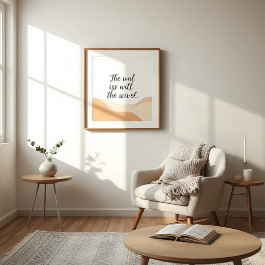 Minimalist framed artwork with soft calming colors above a cozy armchair in a sunlit living room