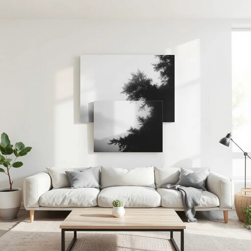 Large monochrome canvas print on a neutral wall above a minimalist sofa in a modern living room