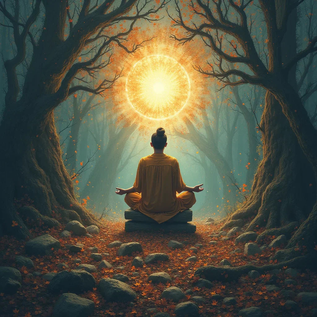 Person meditating in forest clearing with radiant golden sun above, surrounded by autumn leaves