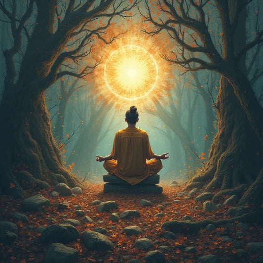 Person meditating in forest clearing with radiant golden sun above, surrounded by autumn leaves