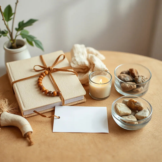 Warm tabletop with a journal, prayer beads, blank note card, and candle in soft natural light