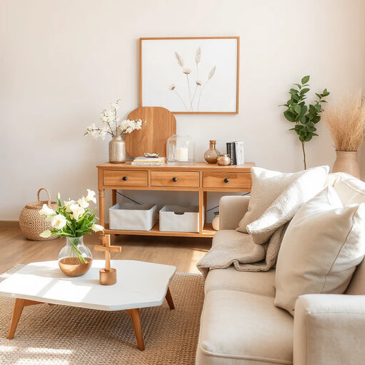 Cozy living room with warm lighting, minimal decor, fresh flowers, and a softly glowing candle