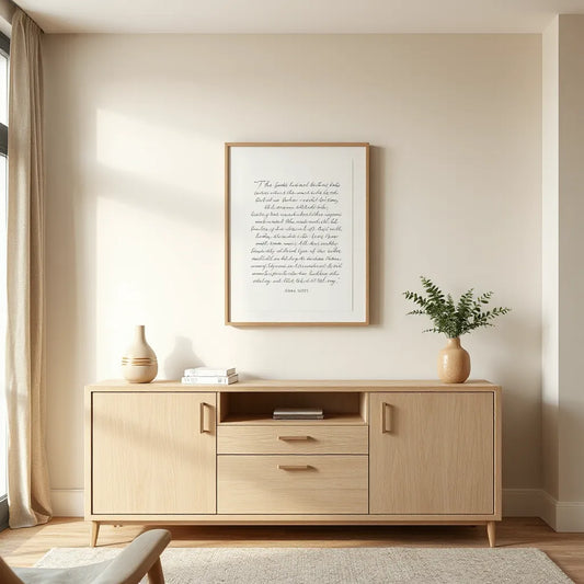 Centered scripture-inspired canvas print on a modern living room wall with soft natural light