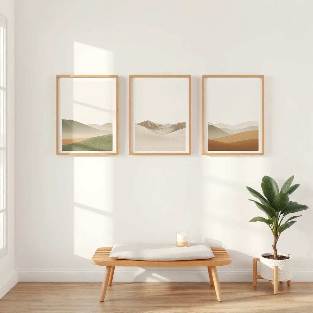 Minimal room with framed meditation art prints, soft light, and a calm cushion and plant