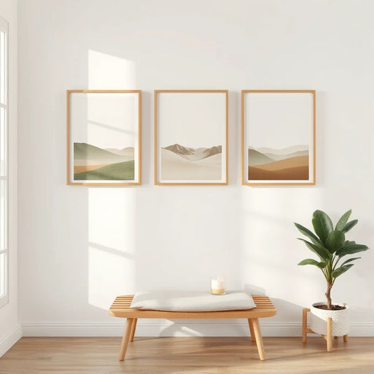 Minimal room with framed meditation art prints, soft light, and a calm cushion and plant