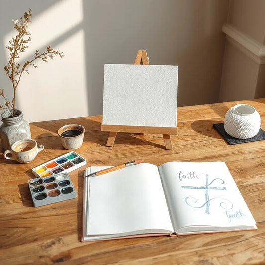 Paintbrush and watercolor supplies beside a small canvas with subtle faith-inspired symbols