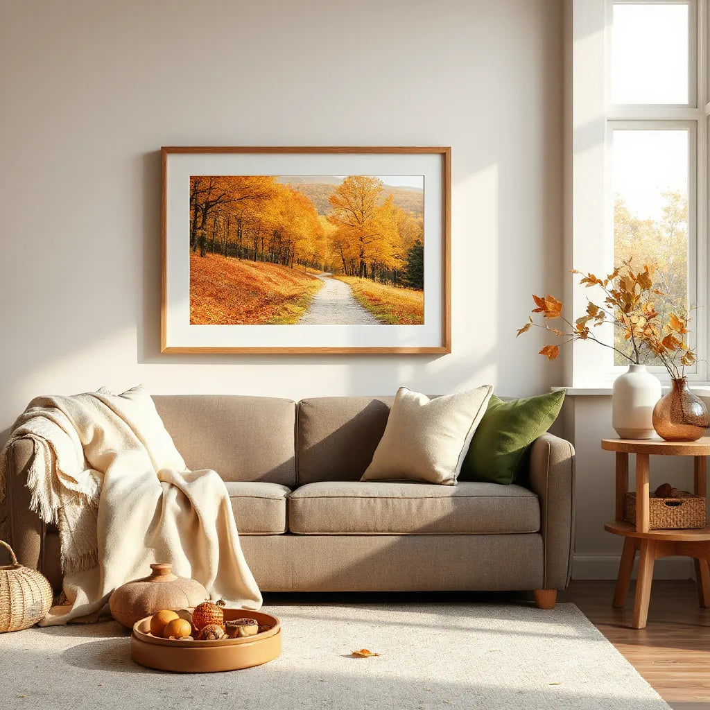 Framed autumn forest landscape art with warm fall decor in a cozy living room.