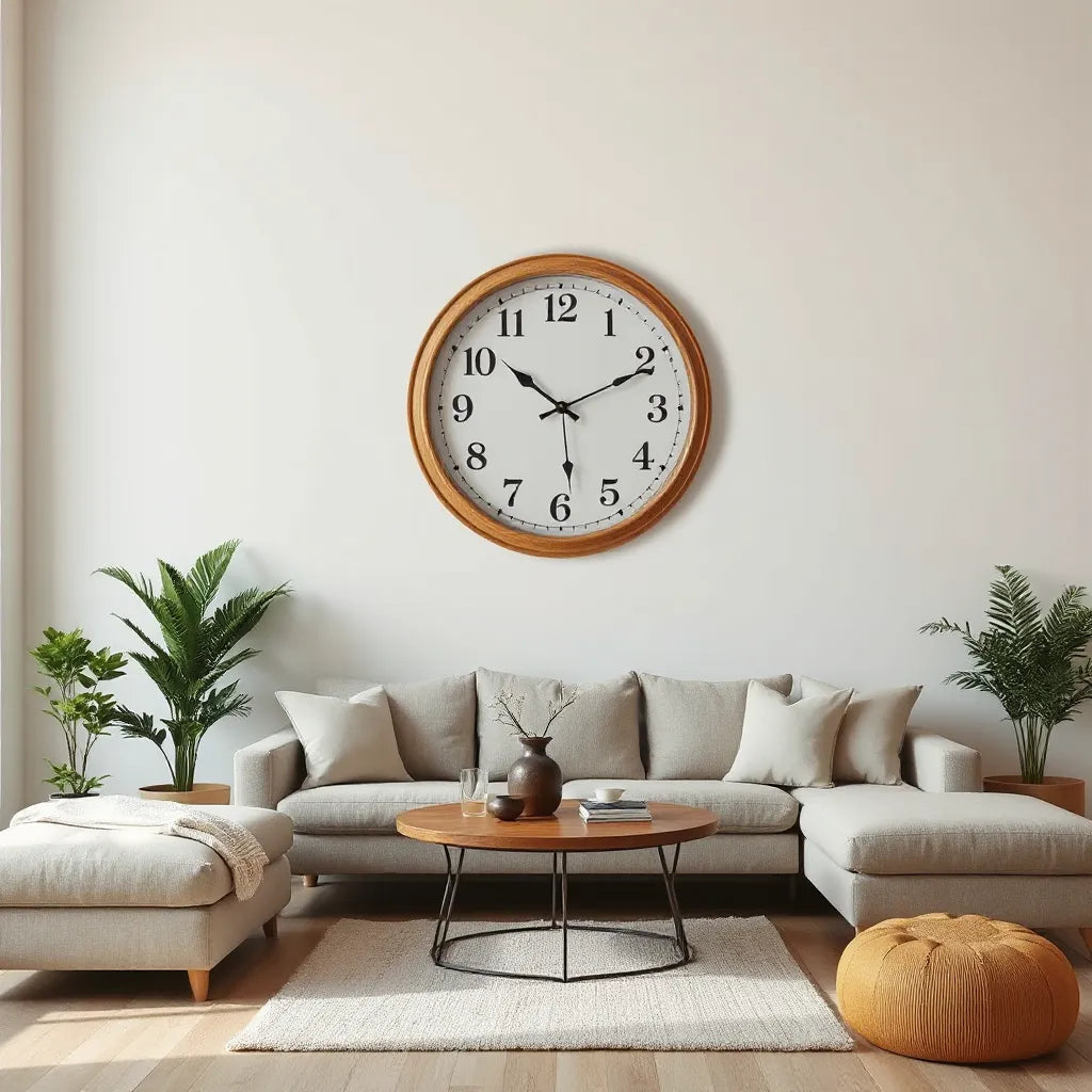 Warm wood wall clock with subtle cross motif in a bright living room