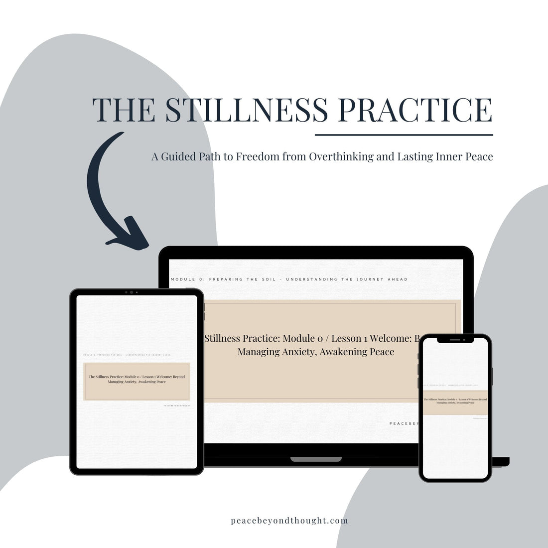 The Missing Element in Christian Spiritual Growth: Awareness | Guided stillness practice course displayed on tablet, laptop, and smartphone screens
