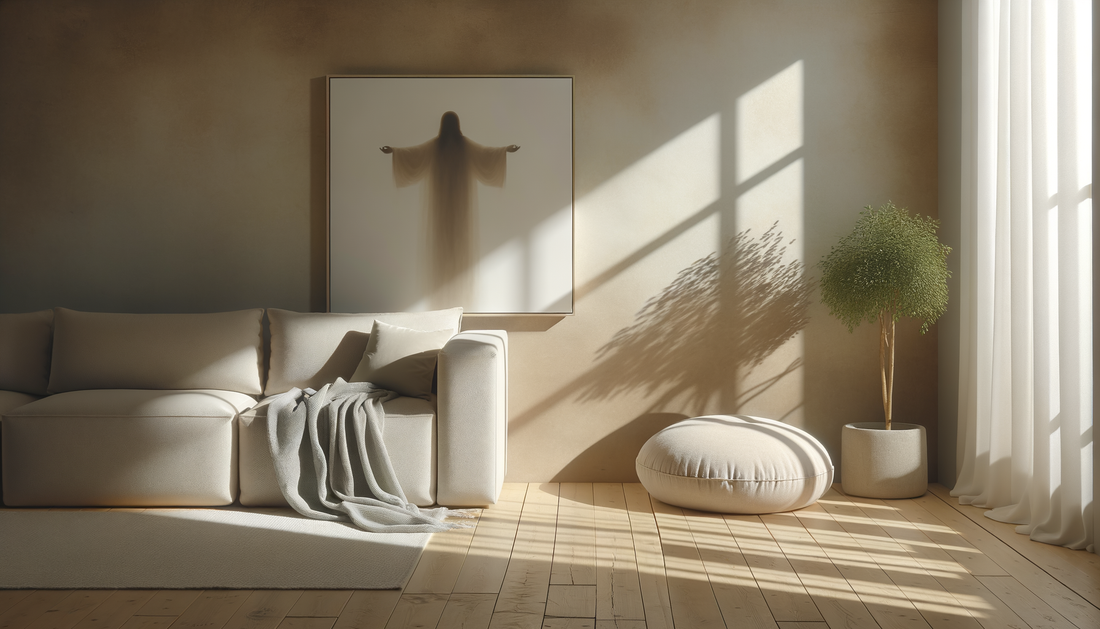 Modern living room with minimalist Christian wall art, cozy sofa, pouf, and potted plant in sunlight