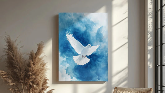 White dove in a soft blue sky as peaceful Christian home decor