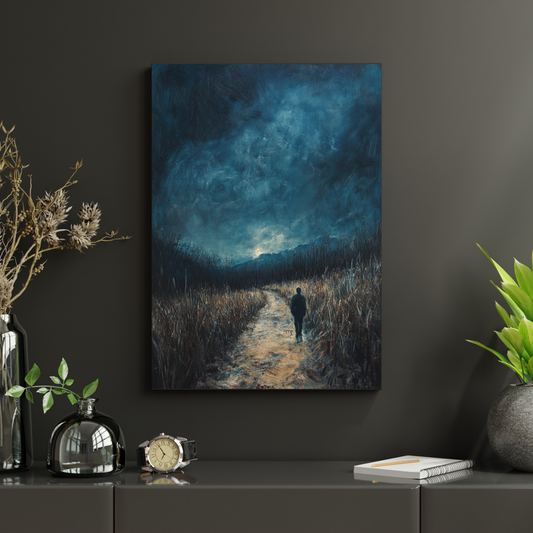 Moody wall art with a solitary figure walking a path under a dramatic night sky in a modern room