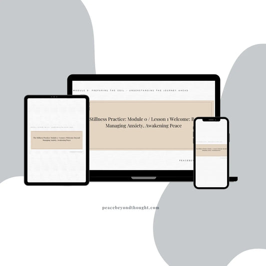 Guided stillness practice course displayed on tablet, laptop, and smartphone screens