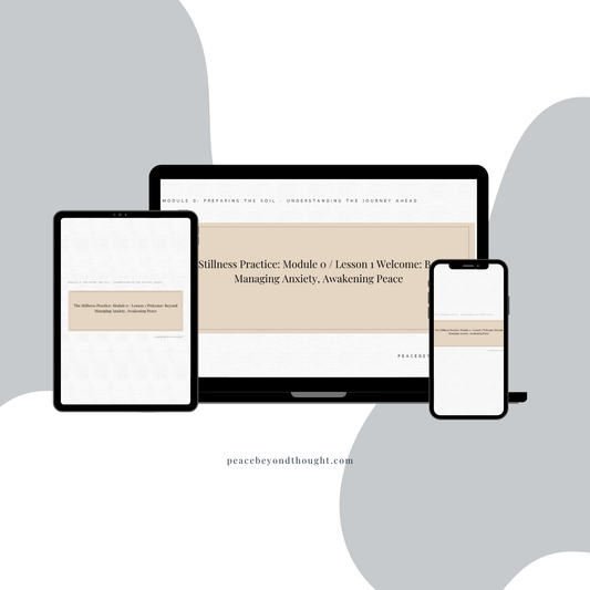 Guided stillness course on tablet, laptop, and phone screens for anxiety relief and peace.