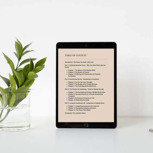 Tablet displaying spiritual eBook table of contents with plant on white desk