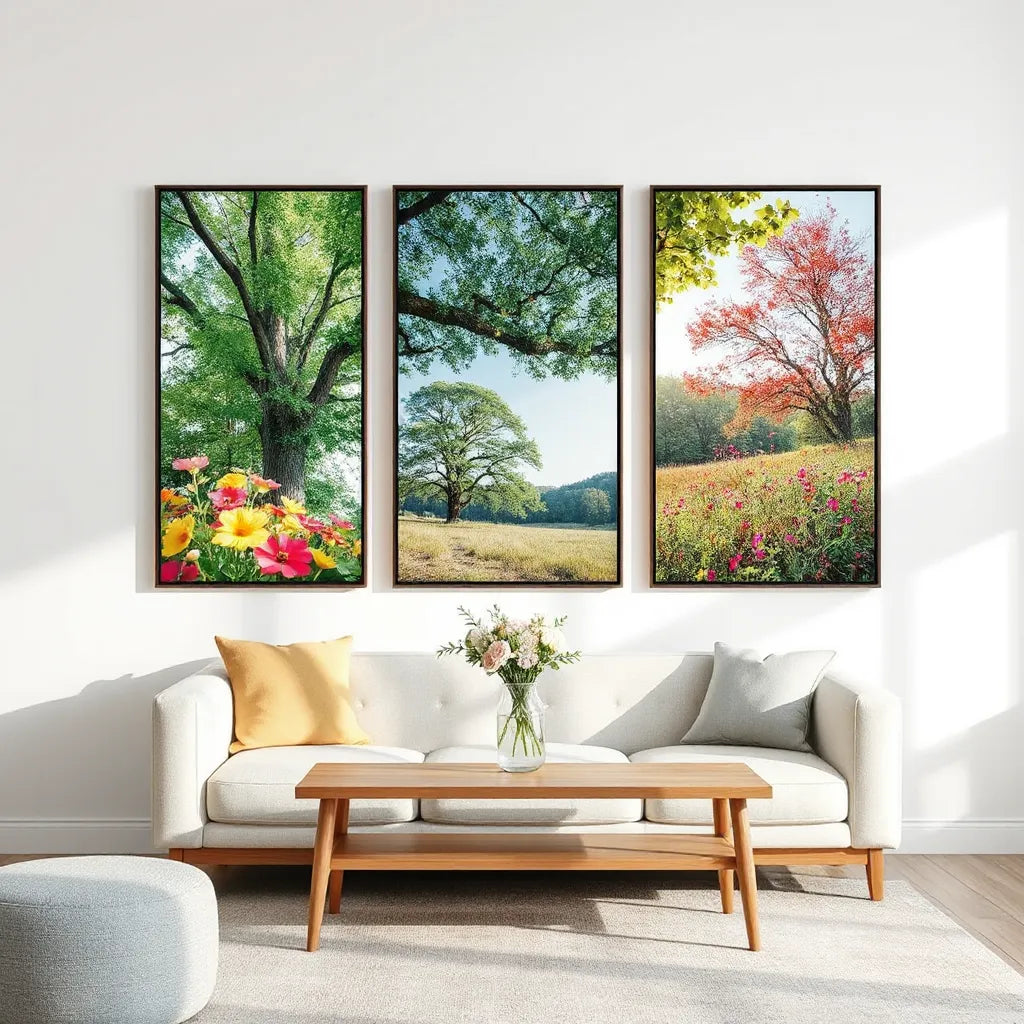 Colorful framed nature prints with leafy trees and wildflowers in a bright modern living room