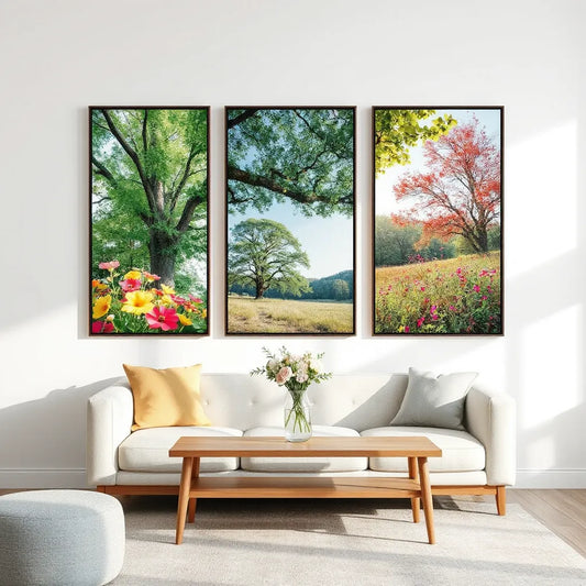 Colorful framed nature prints with leafy trees and wildflowers in a bright modern living room