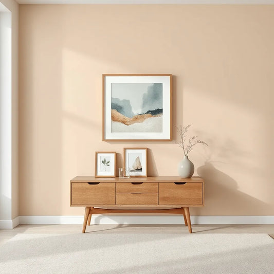 Modern living room wall with framed inspirational artwork above a minimalist console and vase