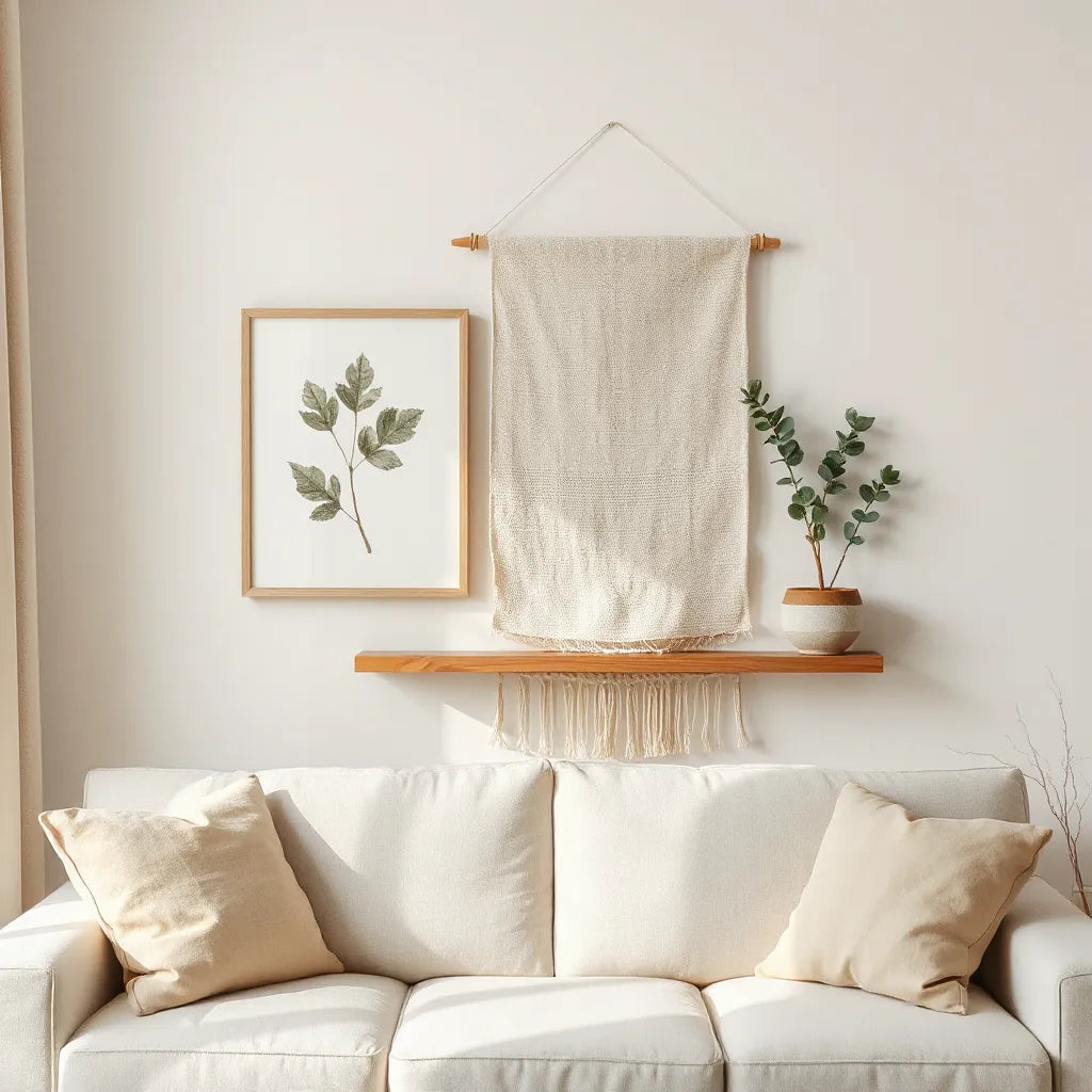 Botanical framed wall art and a linen hanging with a small eucalyptus plant in a bright living room