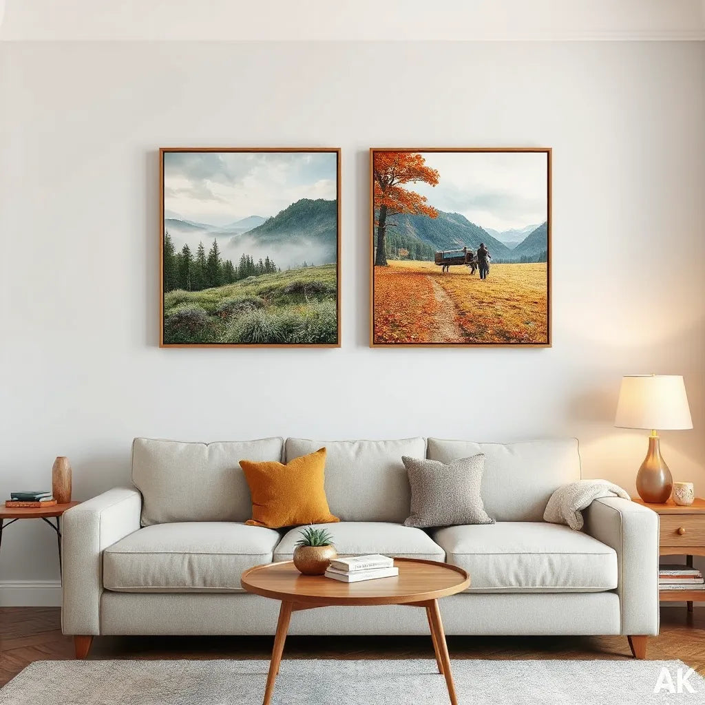 Two gallery-style canvas prints displayed on a living room wall with warm lighting and clean decor